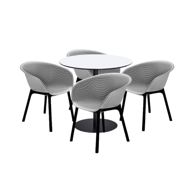 Set mobilier dining bucatarie RAKI masa rotunda cu blat MDF melaminat 80x75cm cu 4 scaune tip fotoliu HAVANA gri