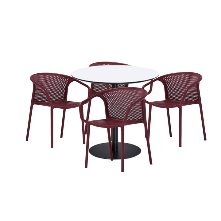 Set mobilier dining bucatarie RAKI masa rotunda cu blat MDF melaminat 80x75cm cu 4 scaune cu spatar rotunjit CHICAGO bordo