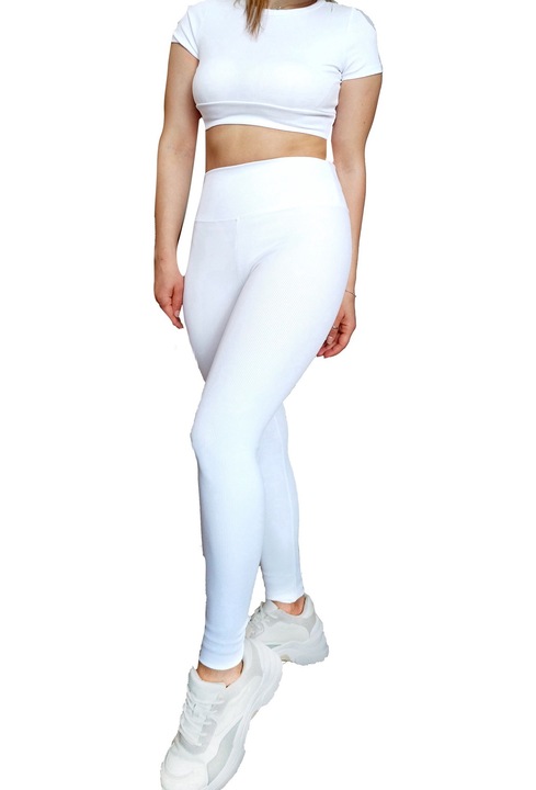 Compleu fitness Brianne, dama, stil raiat, doua piese, Alb