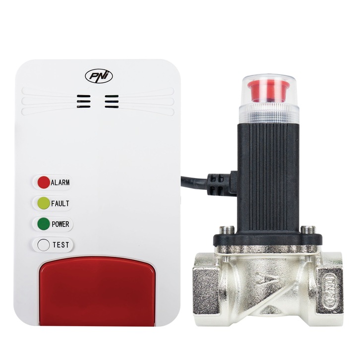 Kit senzor gaz inteligent si electrovalva PNI Safe House Smart Gas 300 Wi-Fi, cu alertare sonora, aplicatie de mobil Tuya Smart, integrare in scenarii si automatizari smart cu alte produse compatibile Tuya