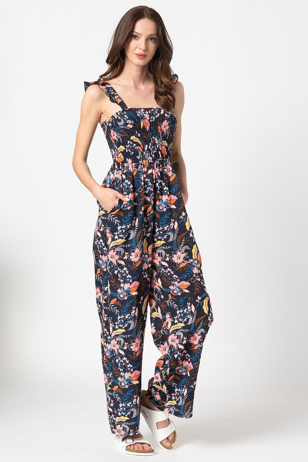 ESPRIT Bodywear, Salopeta de plaja cu imprimeu Selina, Bleumarin inchis/Roz/Alb