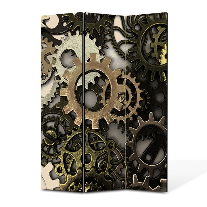 Paravan 3 piese Premium TrueColor, Art Star, Roti dintate, Abstract, Panza pe cadru de lemn, Decoratiuni Moderne pentru Casa, 3 Panouri de 45x150, 135 x 150 cm