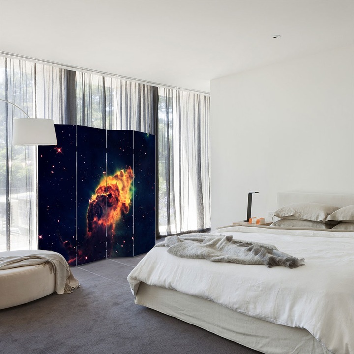 Paravan 4 piese Premium TrueColor, Art Star, Explozie in spatiu, Panza pe cadru de lemn, Decoratiuni Moderne pentru Casa, 4 Panouri de 35x150, 140 x 150 cm