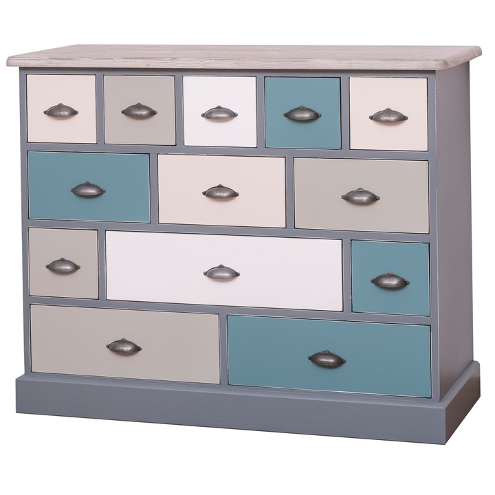 Comoda Szel-Mob cu 13 sertare, culoare top gri, culoare corp albastru deschis, culoare sertare multicolor, multicolor, 100% lemn masiv, 120x48x98 cm