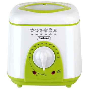 Friteuza mini Rosberg R51980B, 950W, 1 litru, termostat, strat antiaderent, alb / verde Friteuza mini Rosberg R51980B, 950W, 1 litru, termostat, strat antiaderent, alb / verde