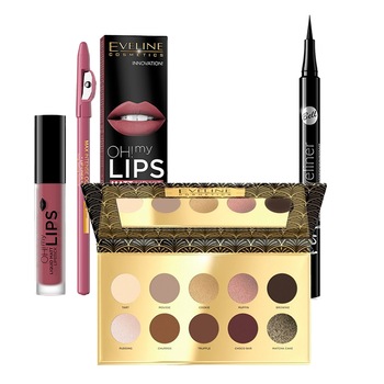 Set Eveline Magic Sensation, Mascara Volume Temptation, negru, 10 ml + Paleta de farduri Nude, 12 nuante, 12 g + Blush Sensation 4 in 1, 12 g + Ser pentru buze Tint 6 in 1, 12 ml + Ruj lichid mat Matt Magic, nuanta 01 nude rose, 4,5 ml Set Eveline Magic Sensation, Mascara Volume Temptation, negru, 10 ml + Paleta de farduri Nude, 12 nuante, 12 g + Blush Sensation 4 in 1, 12 g + Ser pentru buze Tint 6 in 1, 12 ml + Ruj lichid mat Matt Magic, nuanta 01 nude rose, 4,5 ml