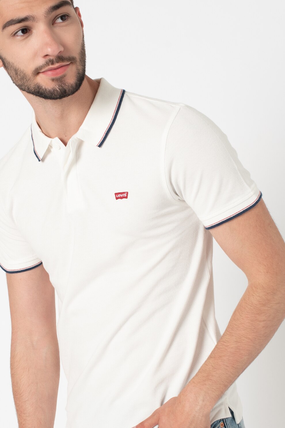 Levi's, Tricou polo din pique Original Batwing, Alb optic/Bleumarin/Rosu