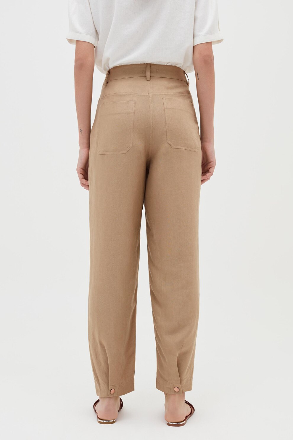 OVS, Pantaloni din amestec de in cu talie inalta, Maro camel