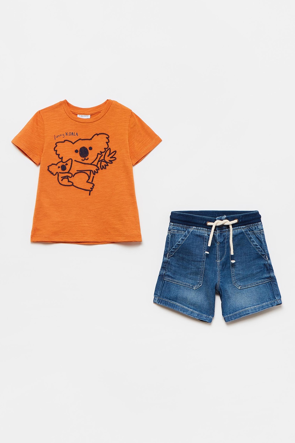 OVS, Set de tricou si pantaloni scurti cu snur, Portocaliu/Albastru