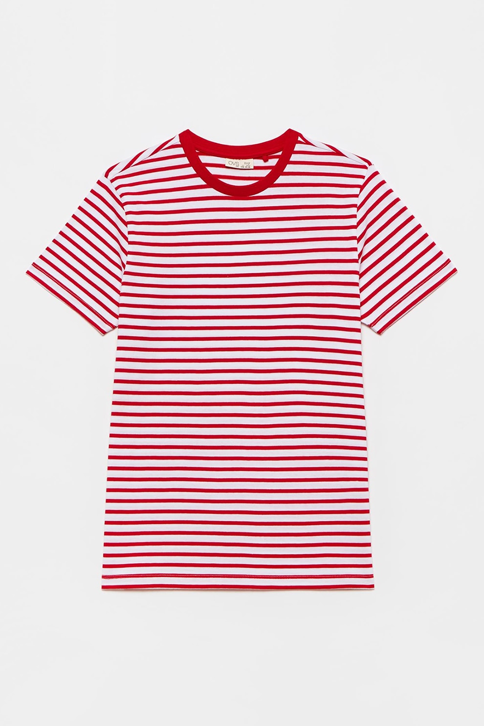OVS, Tricou de bumbac cu dungi, Rosu/Alb
