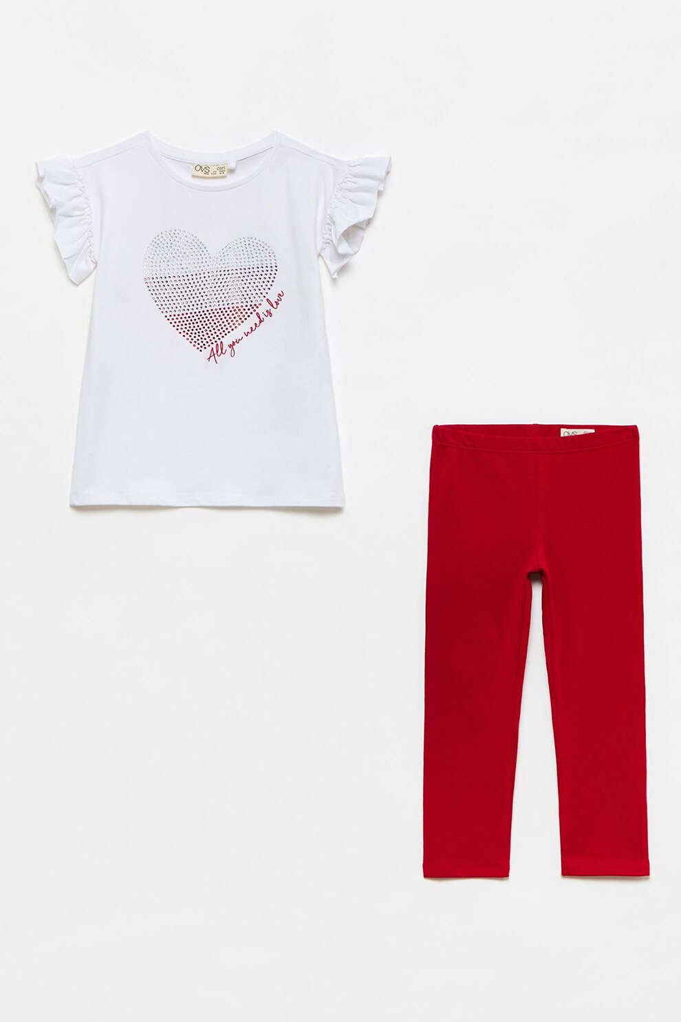 OVS, Set de colanti si tricou cu maneci butterfly, Alb/Rosu, 116 CM