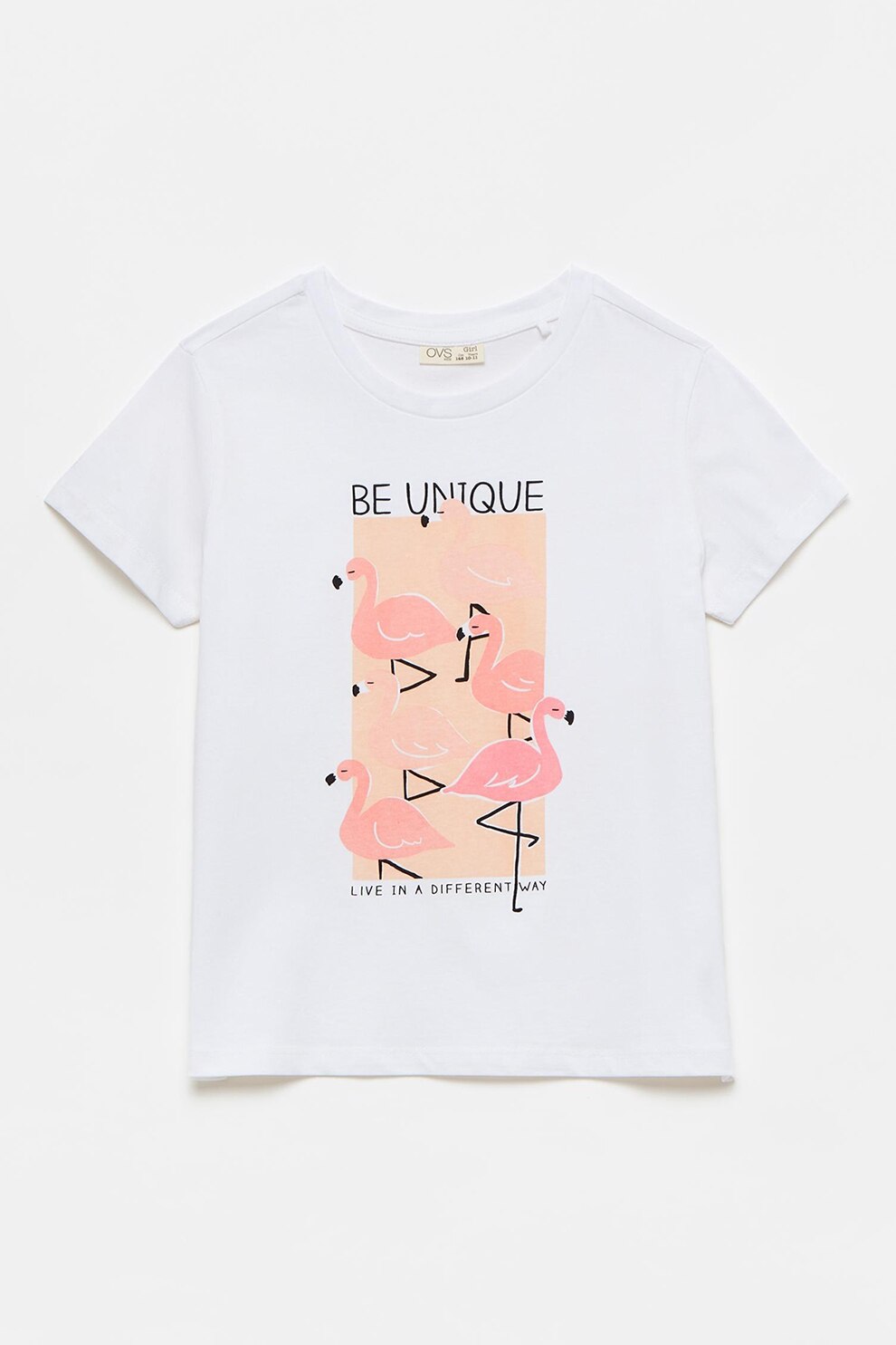 OVS, Tricou cu decolteu la baza gatului si imprimeu flamingo, Alb/Oranj pal