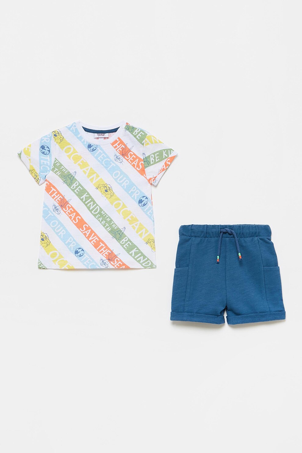 OVS, Set de tricou cu model si pantaloni scurti, Albastru/Alb/Galben