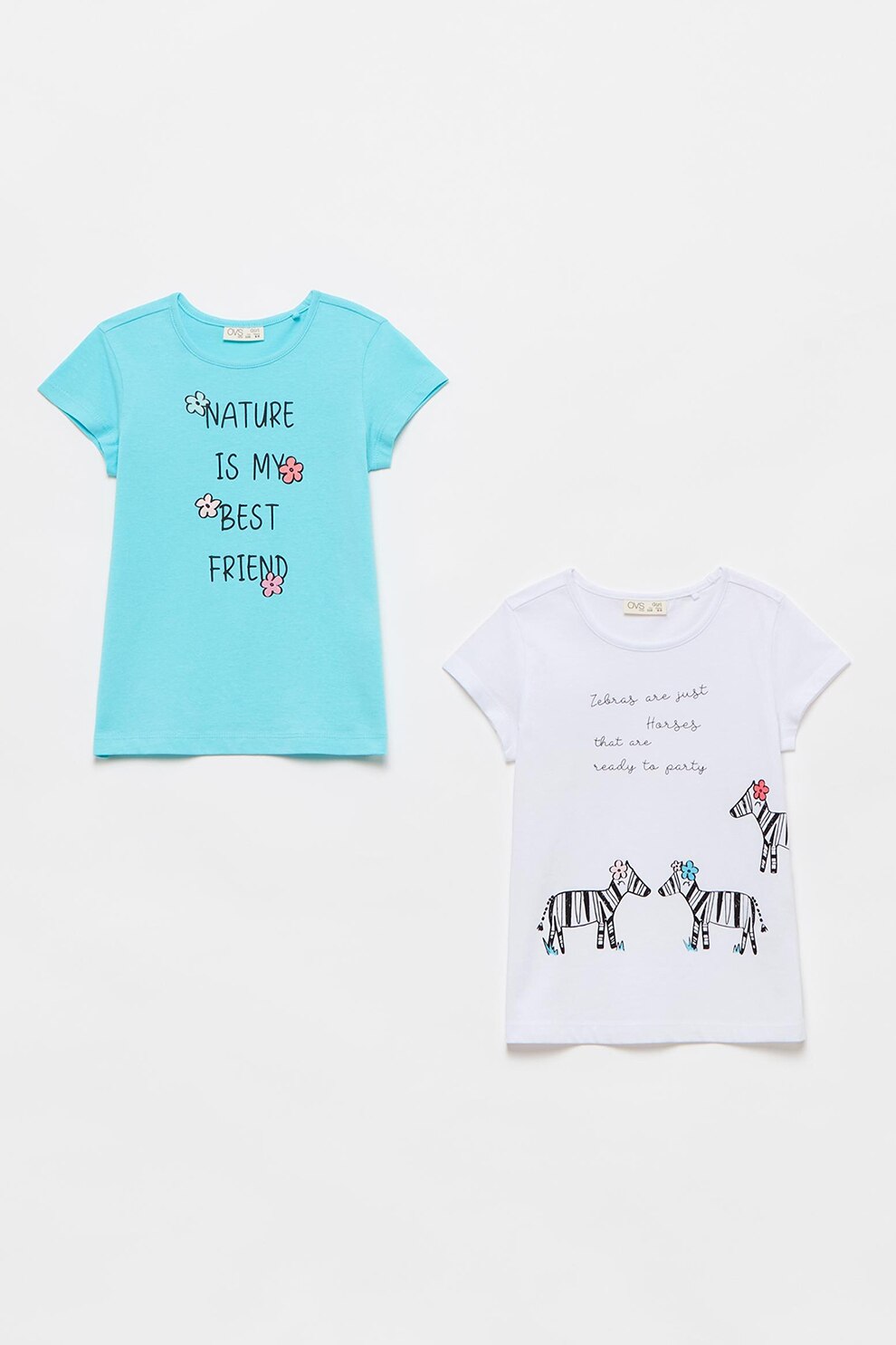 OVS, Set de tricouri cu model - 2 piese, Albastru aqua/Alb