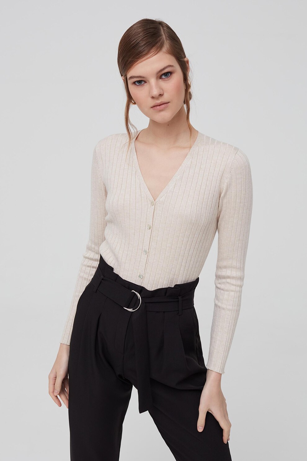 OVS, Cardigan cu decolteu in V si terminatii striate, Maro nisip, XL