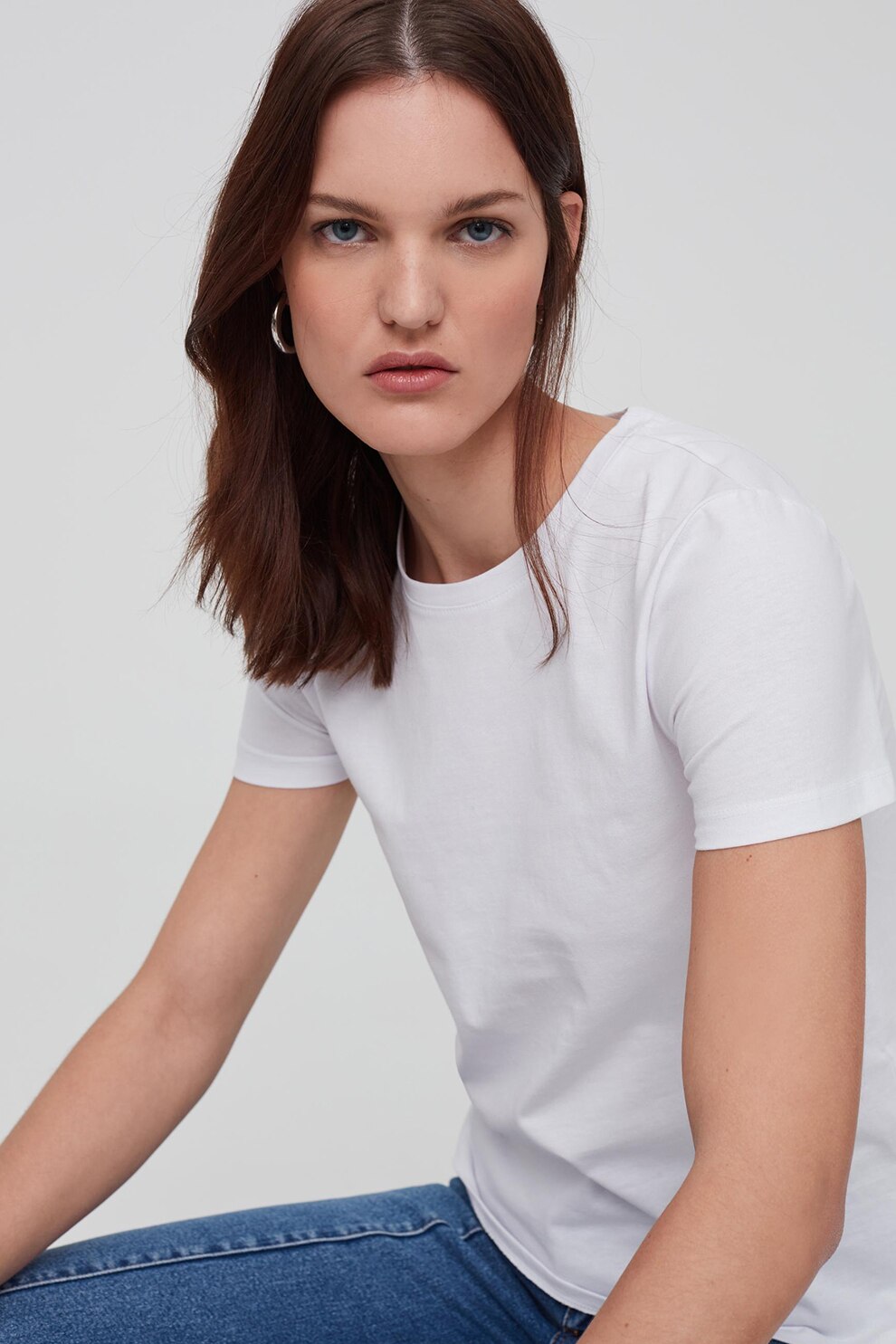 OVS, Tricou de bumbac cu decolteu la baza gatului, Alb optic