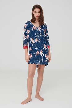 OVS, Camasa de noapte cu imprimeu floral si decolteu in V, Bleumarin/Corai/Alb, L OVS, Camasa de noapte cu imprimeu floral si decolteu in V, Bleumarin/Corai/Alb, L