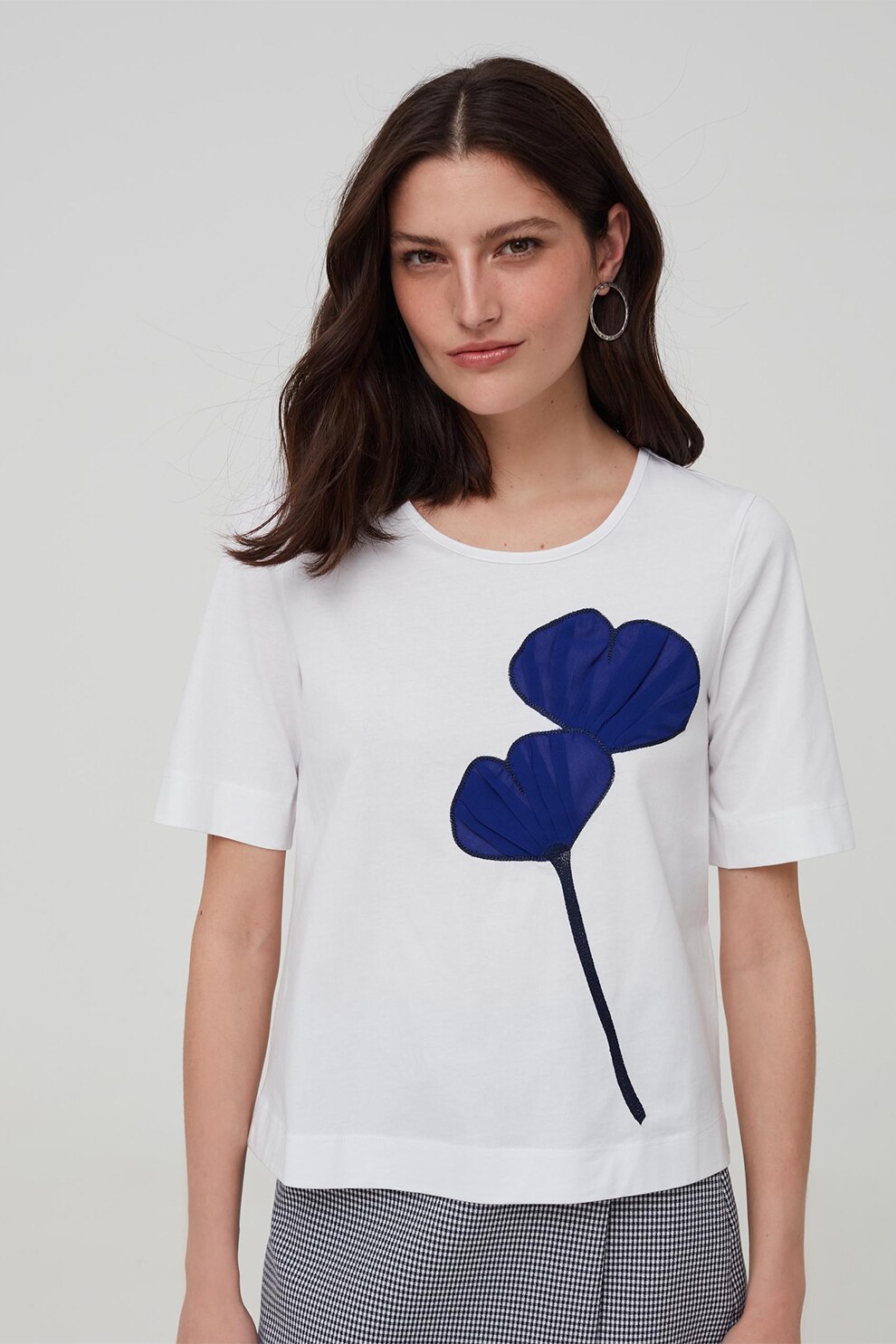 OVS, Tricou cu imprimeu floral, Alb optic/Bleumarin, XS