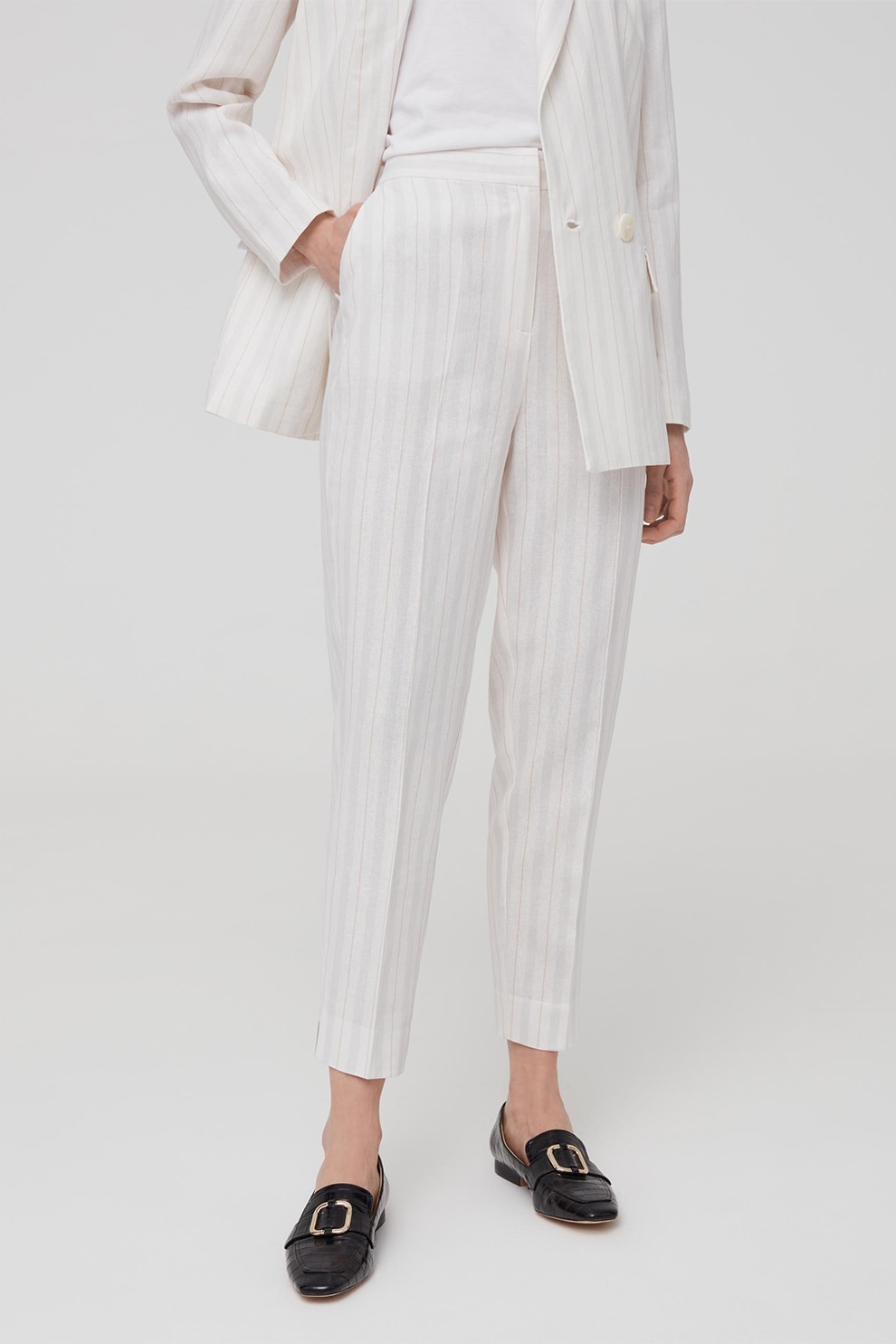 OVS, Pantaloni crop din amestec de in cu talie inalta, Alb