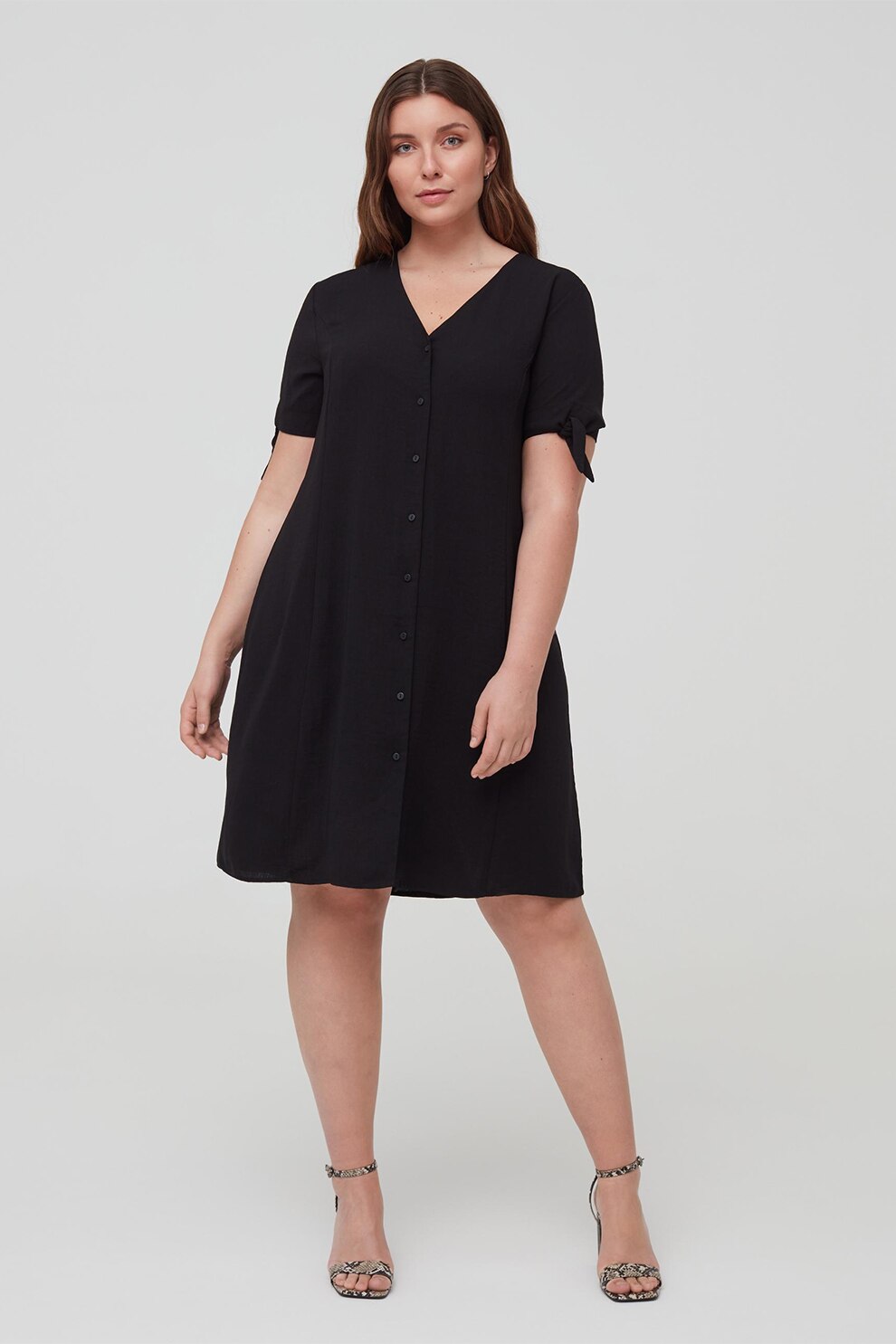 OVS, Rochie midi cu decolteu in V si nasturi, Negru