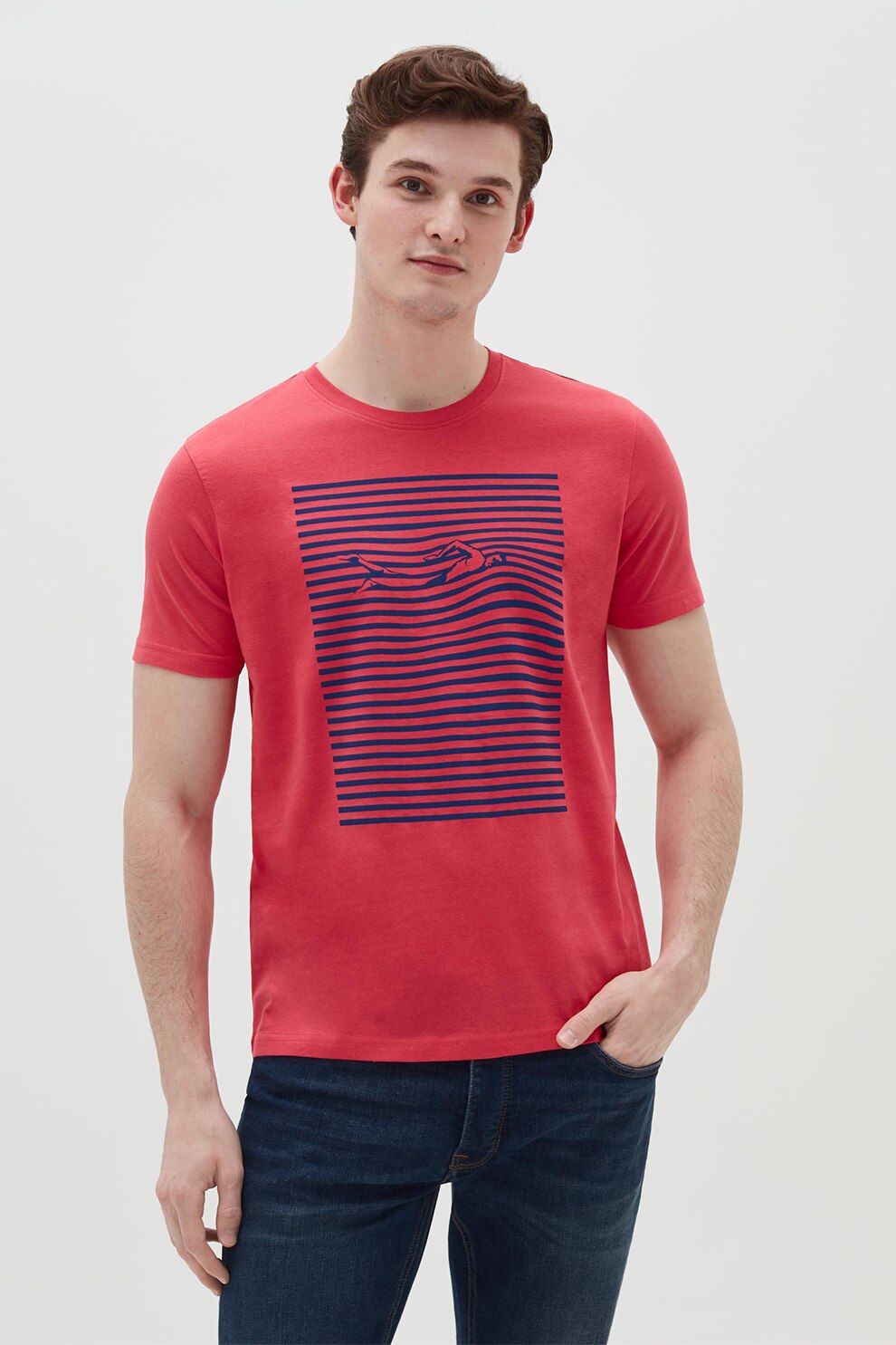 OVS, Tricou cu decolteu la baza gatului de bumbac, Rosu/Bleumarin, XL