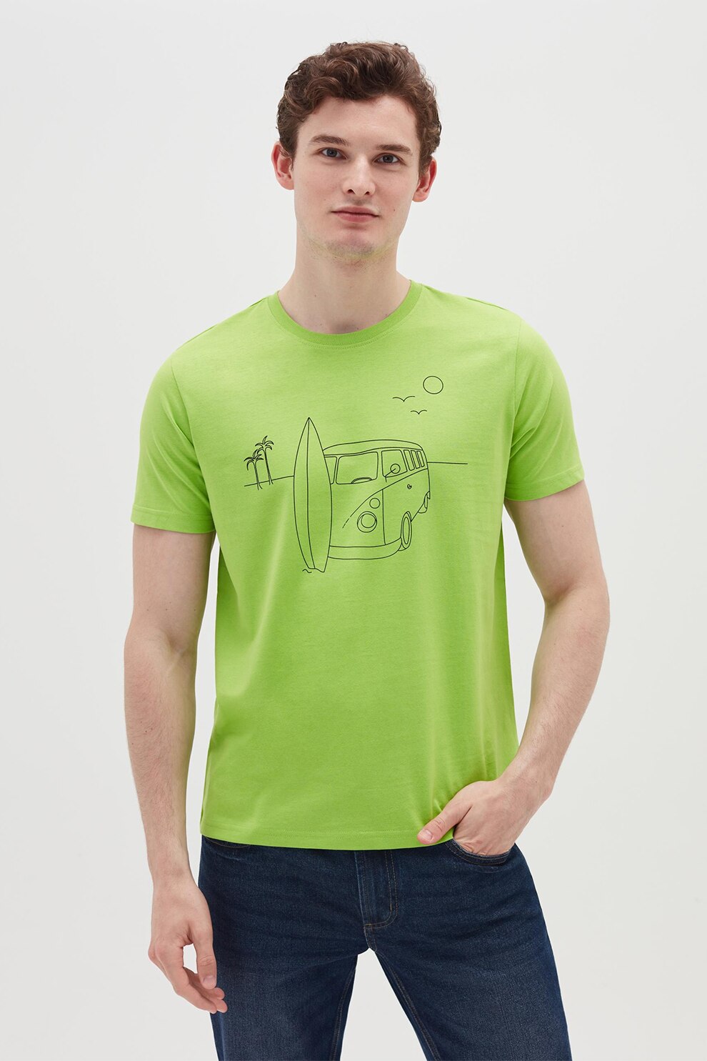 OVS, Tricou de bumbac cu imprimeu, Verde fistic, S