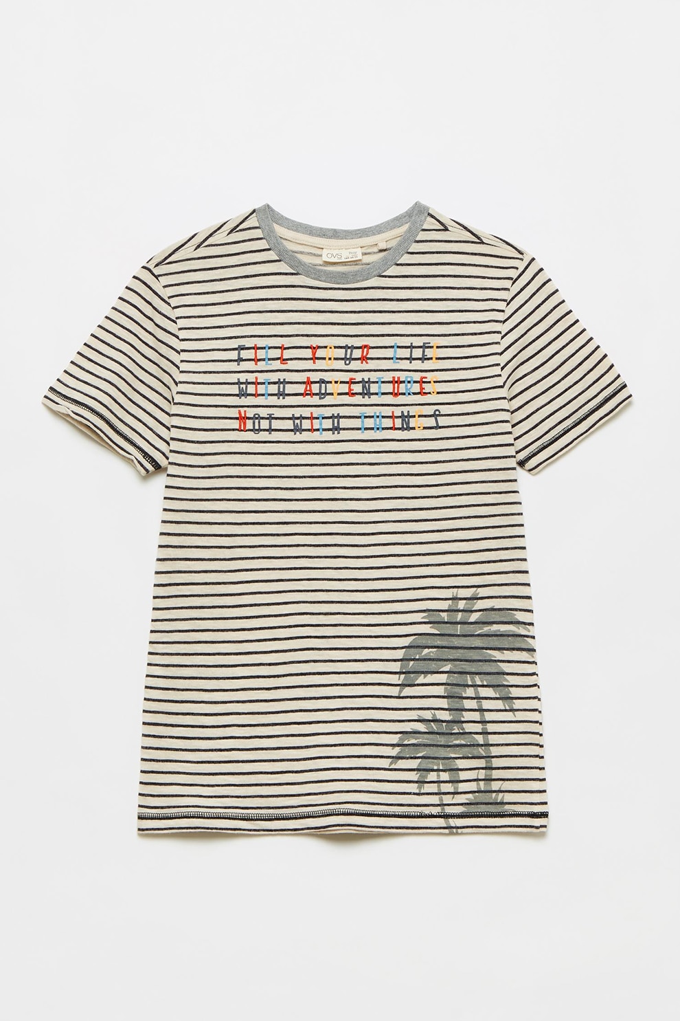OVS, Tricou de bumbac cu dungi, Bej/Negru