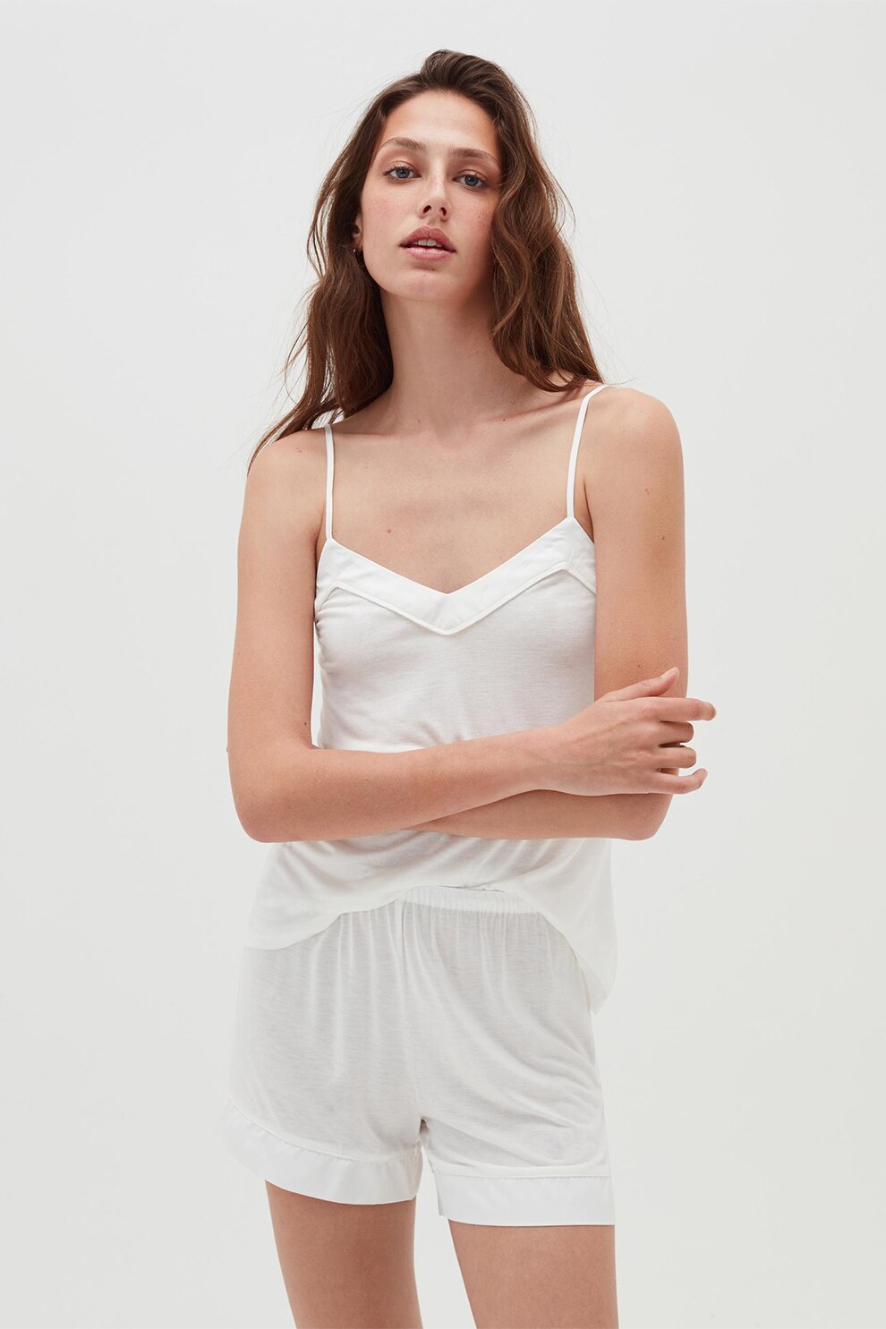 OVS, Pijama scurta de jerseu, ccu decolteu in V, Alb