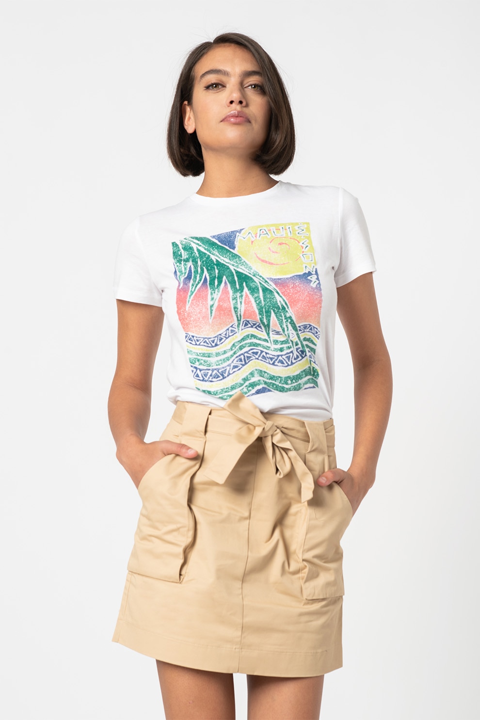 OVS, Tricou cu decolteu la baza gatului si imprimeu, Alb optic/Verde/Corai