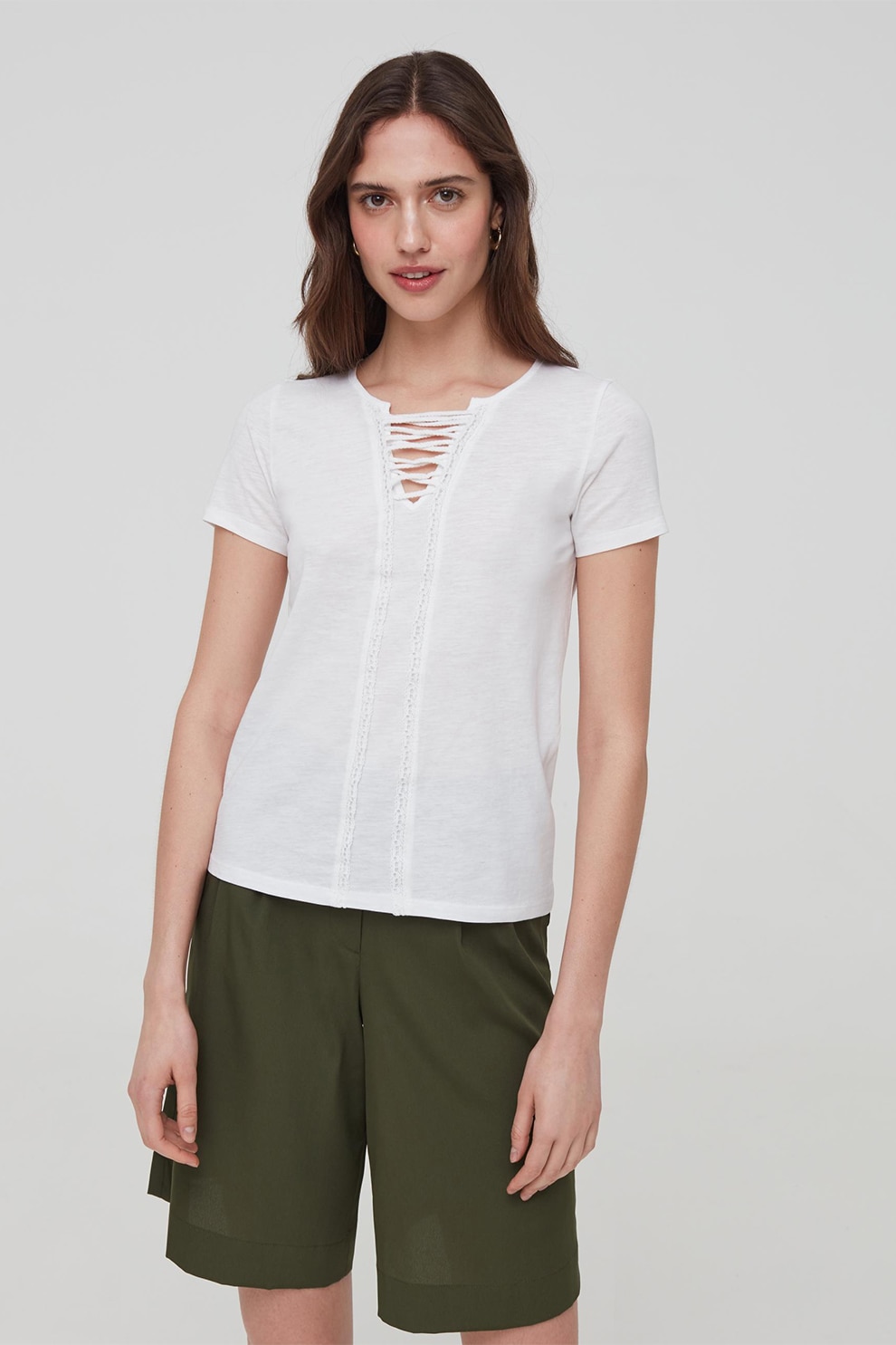 OVS, Tricou cu decolteu la baza gatului cu decupaj in V, Alb optic