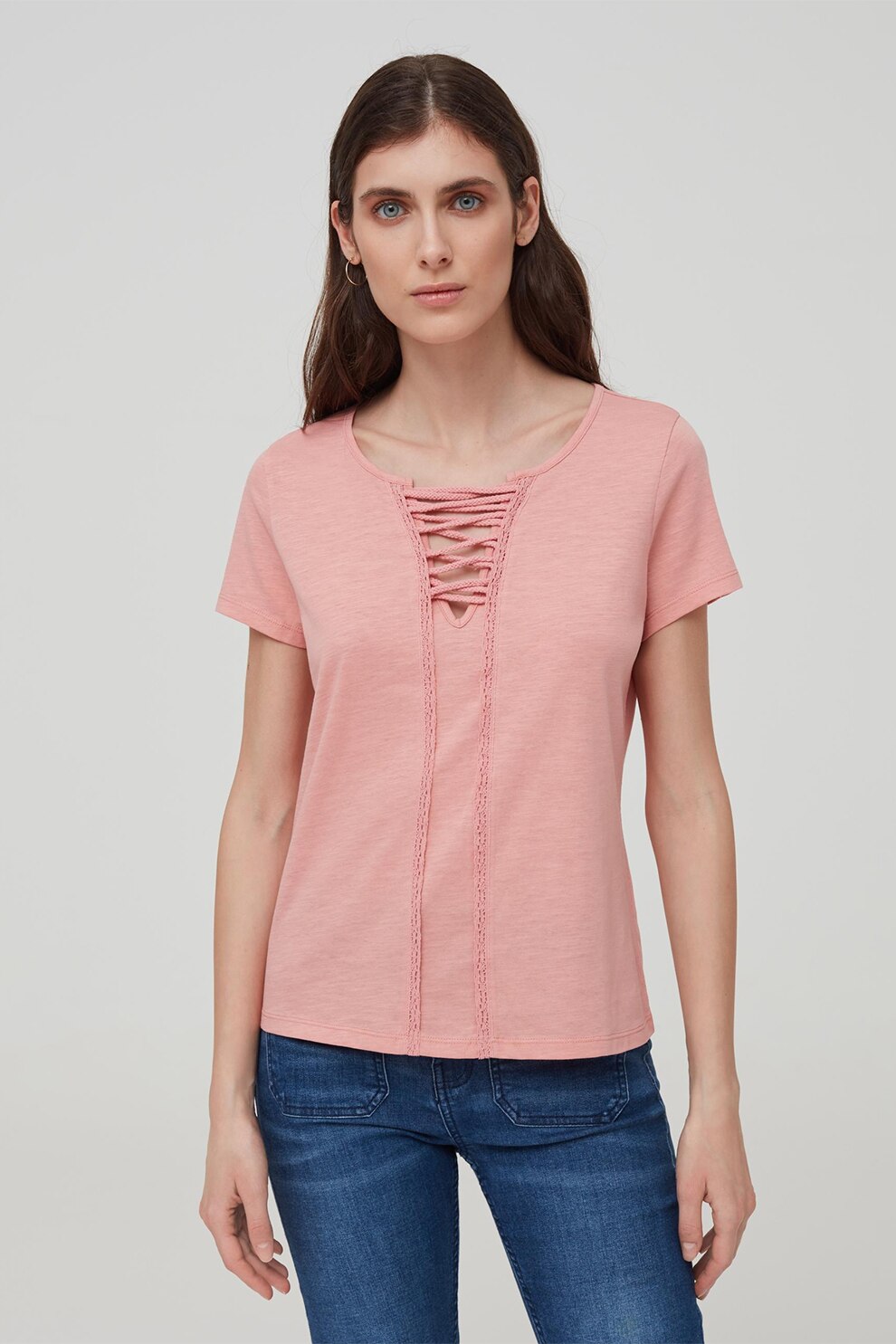 OVS, Tricou cu decolteu la baza gatului cu decupaj in V, Roz prafuit, XS