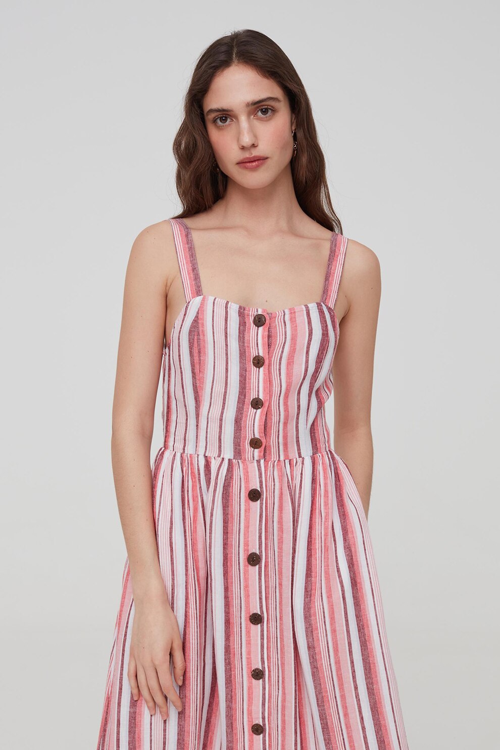 OVS, Rochie din amestec de in cu dungi, Roz pastel/Alb/Maro