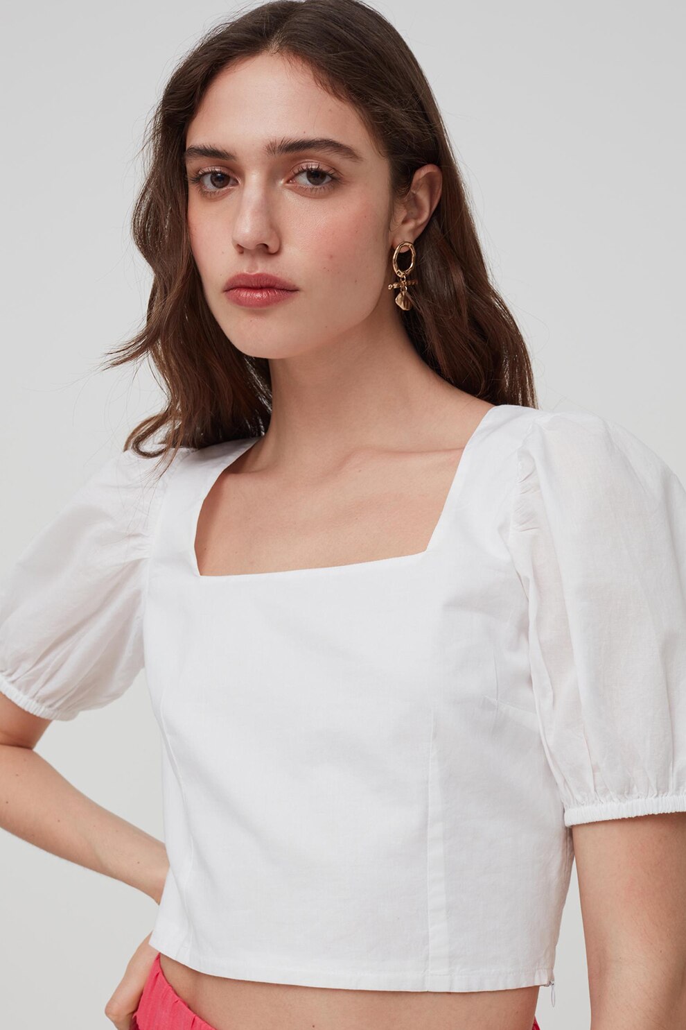 OVS, Bluza cu decolteu patrat si maneci bufante, Alb