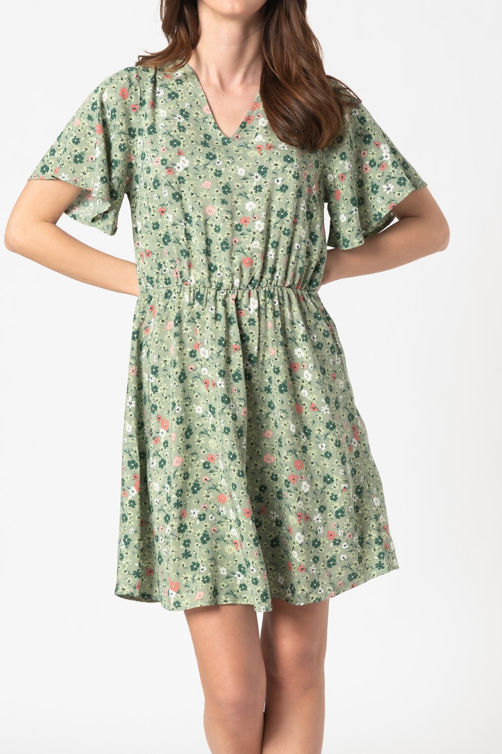 b.young, Rochie cu imprimeu si decolteu in V Joella, Verde sparanghel/Alb/Roz