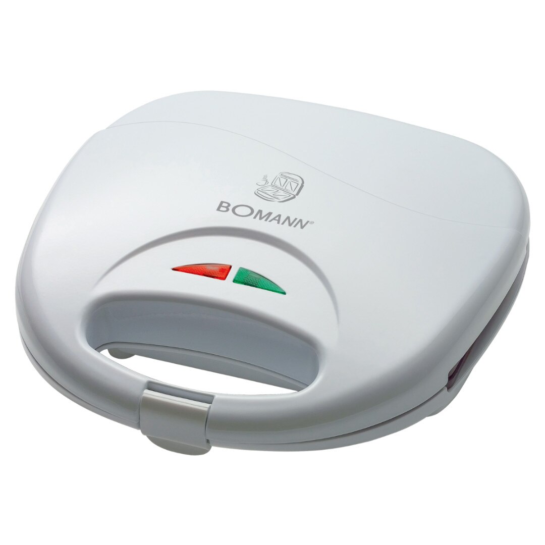 Sandwich-maker Bomann, ST 5016 CB, 2 sandwich-uri, placi antiaderente, maner izolat termic, protectie impotriva supraincalzirii, putere 750W, curatare usoara, indicator LED, alb
