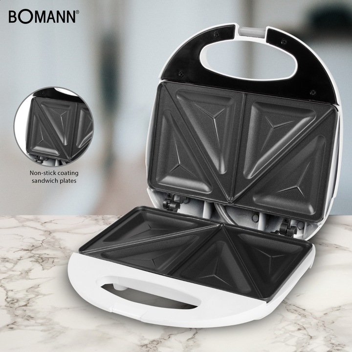 Sandwich-maker Bomann, ST 5016 CB, 2 sandwich-uri, placi antiaderente, maner izolat termic, protectie impotriva supraincalzirii, putere 750W, curatare usoara, indicator LED, alb