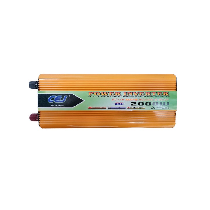 Професионален инвертор, Прав ток, USB слот, Захранващо напрежение 12 V - 220 V, 2000 W мощност, Защита от претоварване и пренапрежение, Оранжев цвят