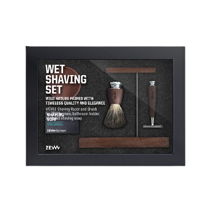 ZEW FOR MEN Wet Borotválkozó készlet, Habverő, Fatál, Fa állvány, Borotvaszappan