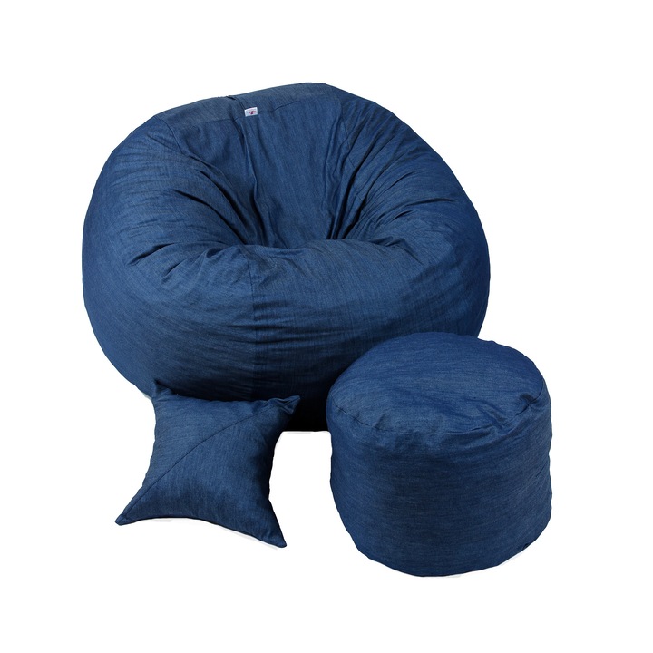 Fotoliu King Size XL cu Otoman si Perna decorativa, Denim Gama Premium husa detasabila