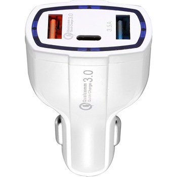 Incarcator auto Quick Charge 3.0, 2 x USB, 1 x USB-C, Qualcomm, Alb Incarcator auto Quick Charge 3.0, 2 x USB, 1 x USB-C, Qualcomm, Alb