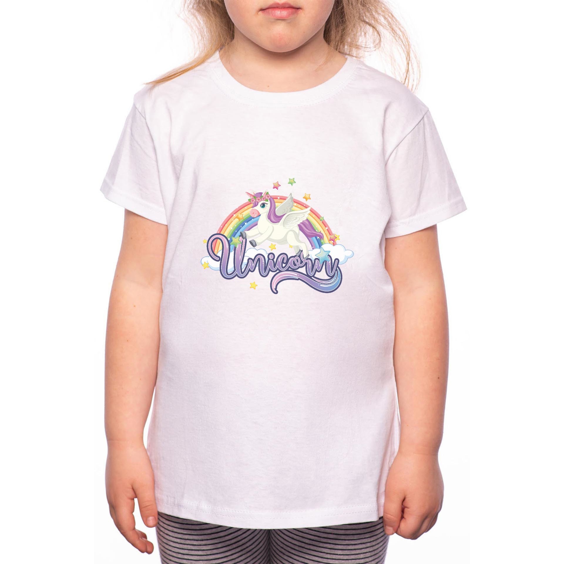 Tricou Fetita, Rainbow Unicorn, 100% Bumbac, Alb, W36