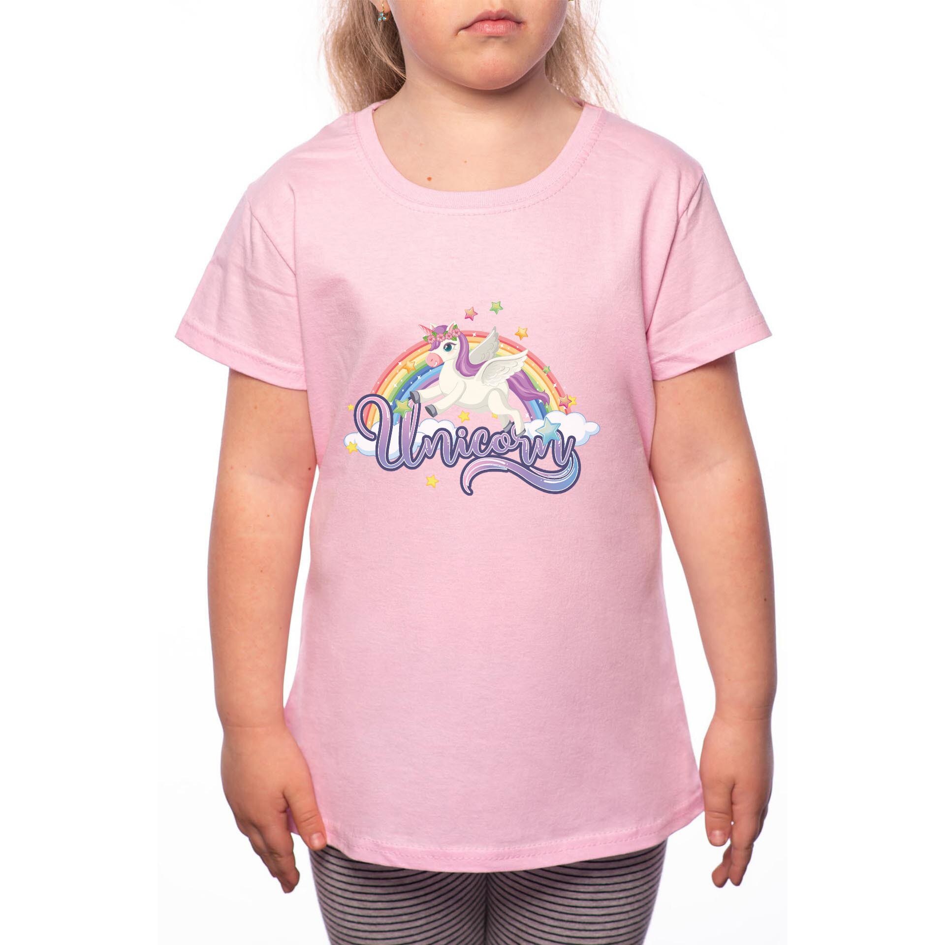 Tricou Fetita, Rainbow Unicorn, 100% Bumbac, Roz, P36
