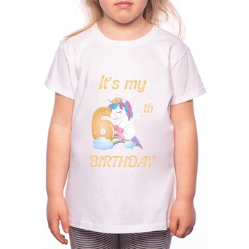 Tricou Fetita, 6th Birthday, 100% Bumbac, Alb, W22 Tricou Fetita, 6th Birthday, 100% Bumbac, Alb, W22