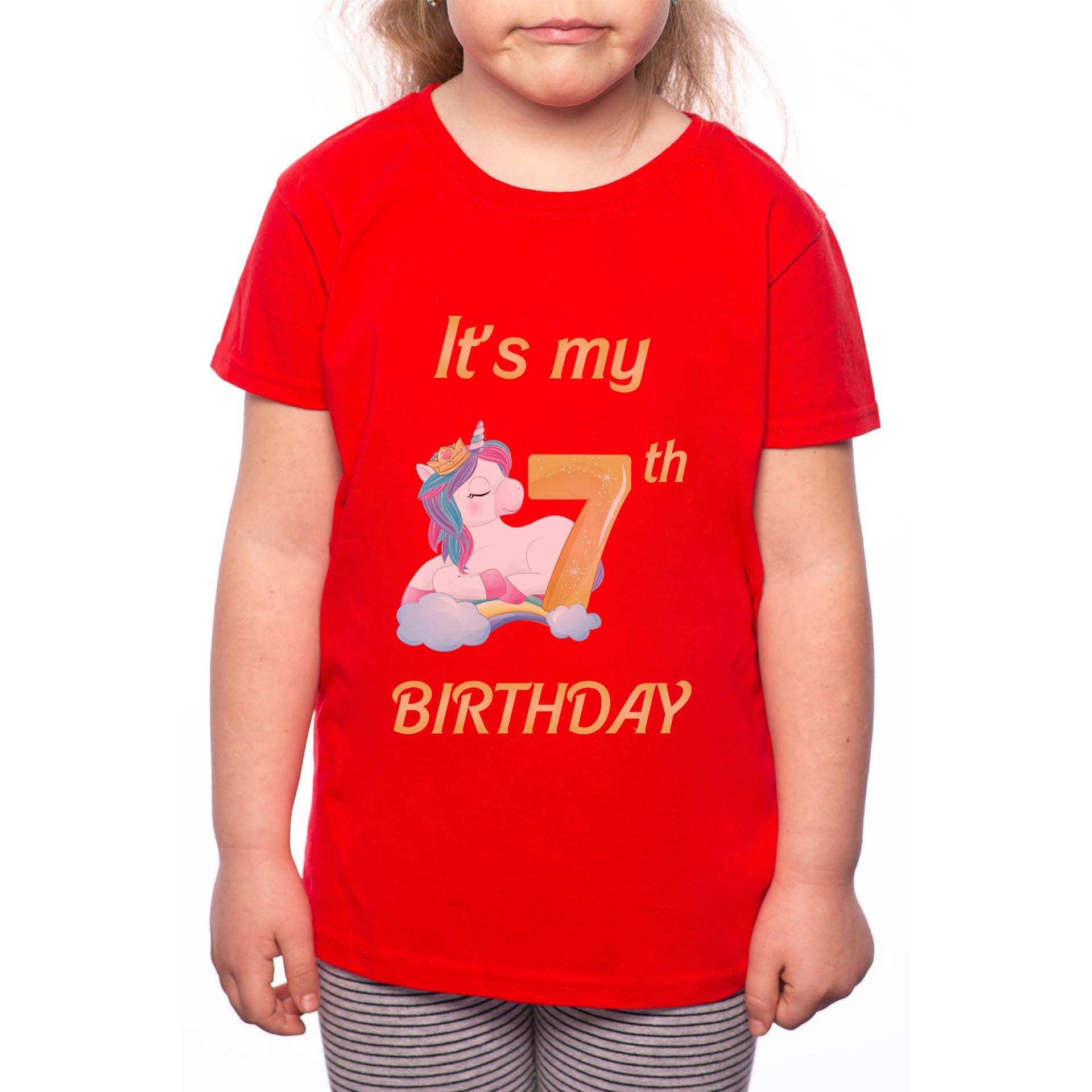 Tricou Fetita, 7th Birthday, 100% Bumbac, Rosu, R23