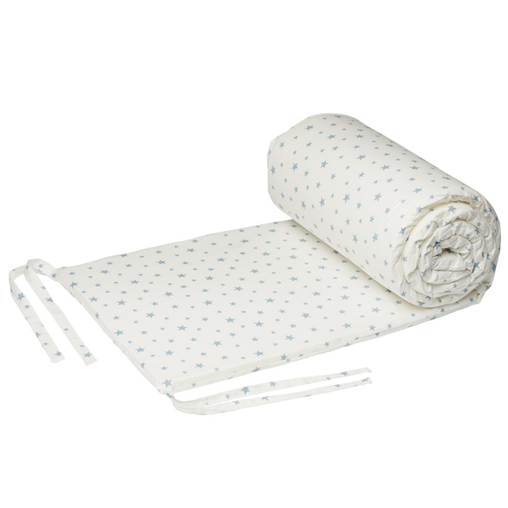 Protectie patut, Bebelusenii Concept, bumbac, alba cu stelute bleu, 70x140cm