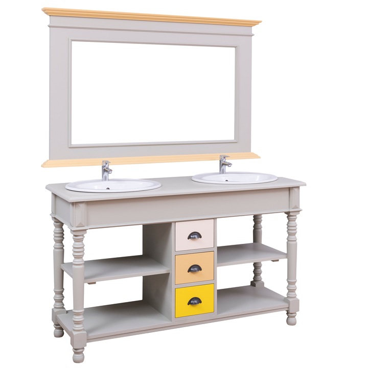 Dulap baie Szel-Mob cu 3 sertare, picioare rotunjite, cu 2 lavoare- incluse in pret si oglinda, culoare corp gri, culoare sertare multicolor, multicolor, 100% lemn masiv, 185x150x54 cm