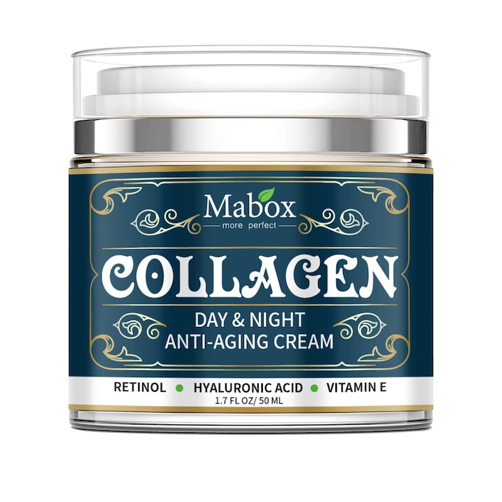 Crema de fata Mabox Collagen, Retinol, Acid Hialuronic si Vitamina E Complex, hidratanta, antirid, 50ml
