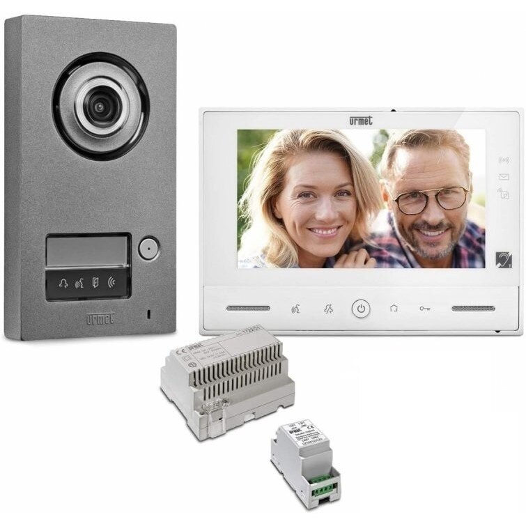 Kit videointerfon, pentru o familie, cu 2 fire, post de exterior Mikra2, post de interior V-Modo, cititor proximitate incorporat , 1723/71 Urmet