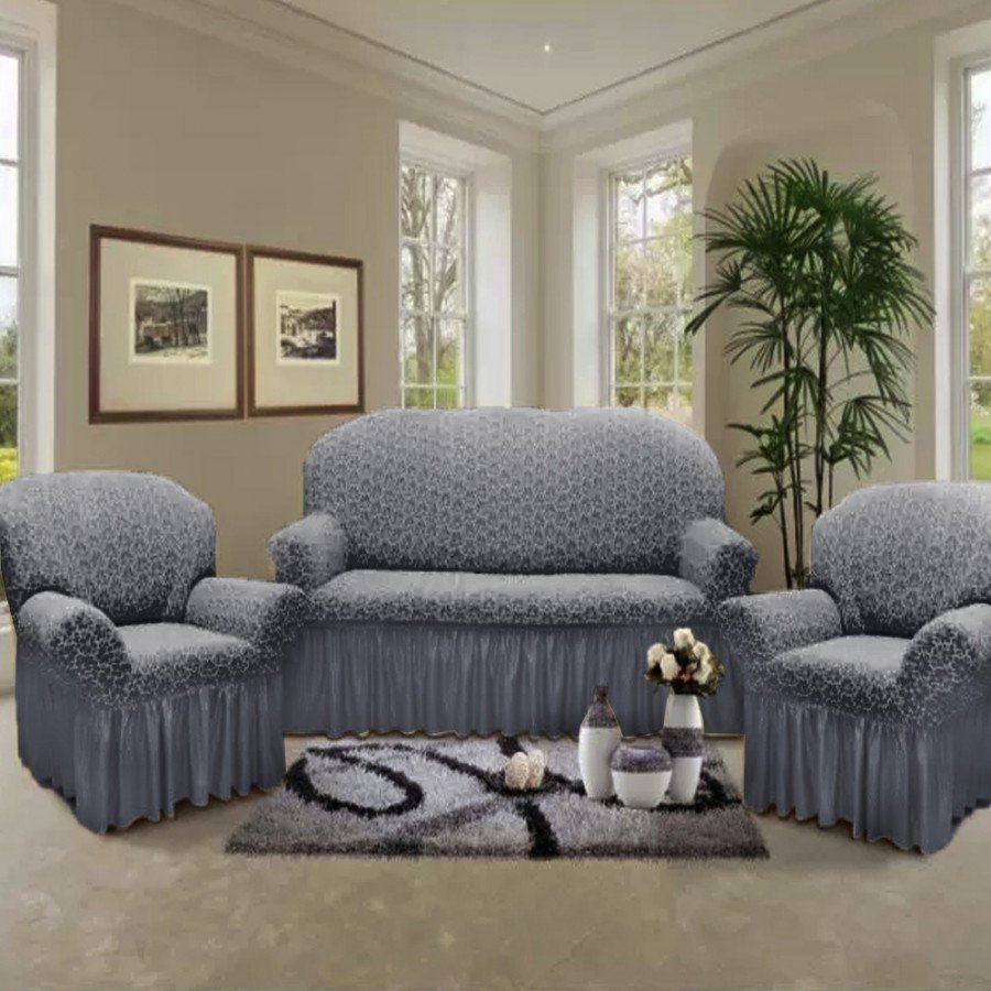 Set huse multielastice jacquard canapea 3 locuri si 2 fotolii, cu volan, Gri Antracit
