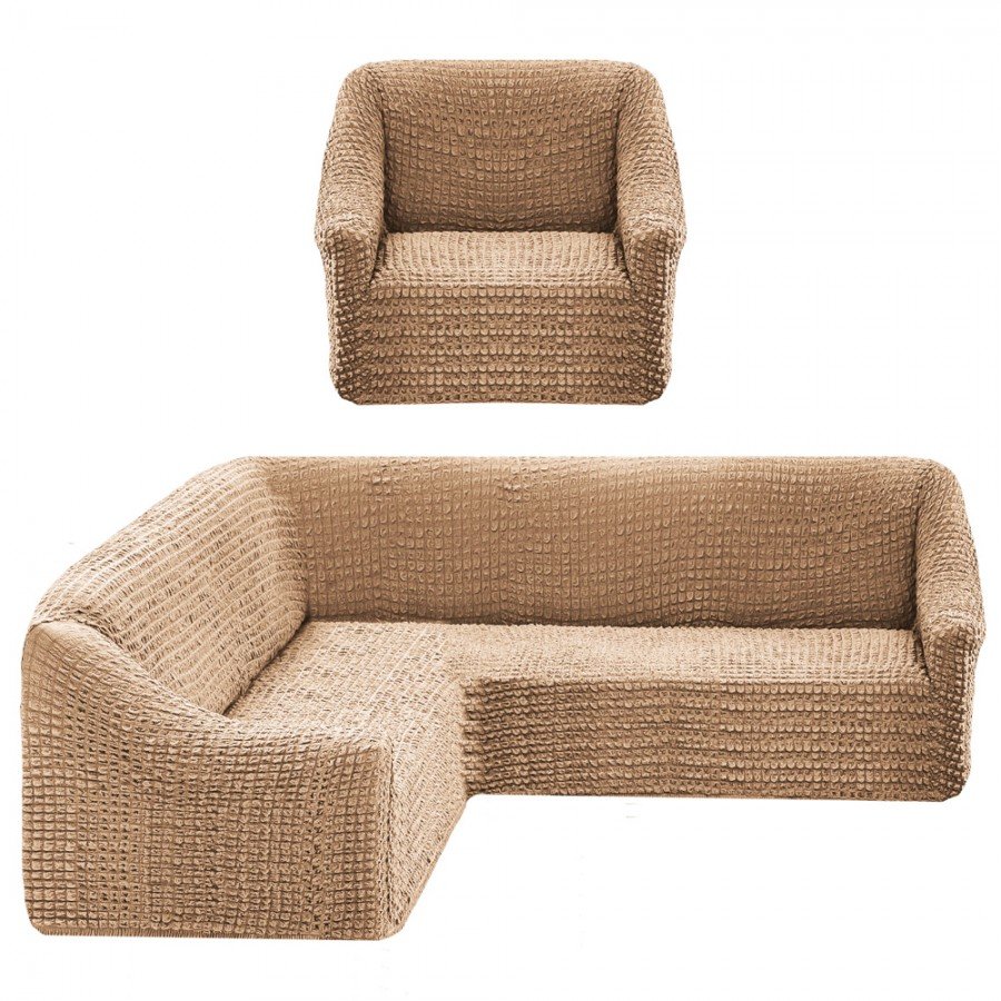 Set Husa elastica din material creponat, pentru coltar si 1 fotoliu, Maro(Cafea cu lapte)